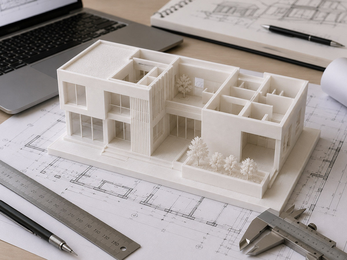 White 3D printed architecture model on design drawings