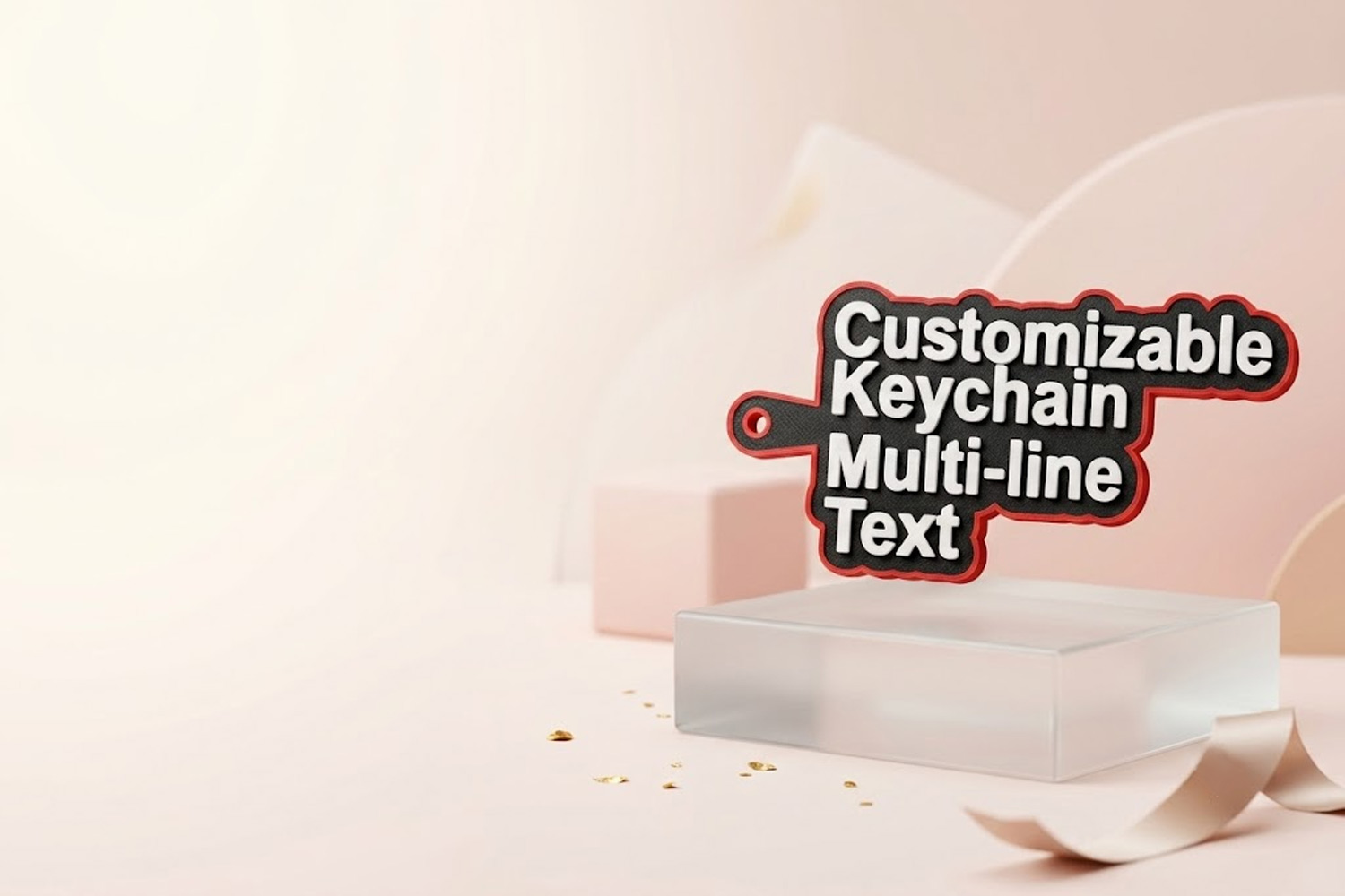 Customizable multi-line keychain displayed on a soft pink set