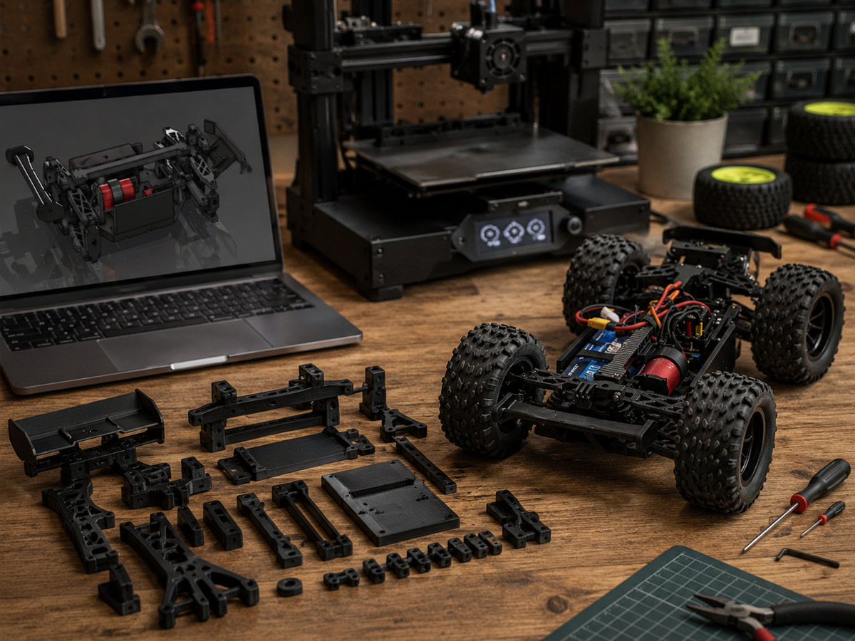 3D printed RC model parts and prototype chassis on a workbench